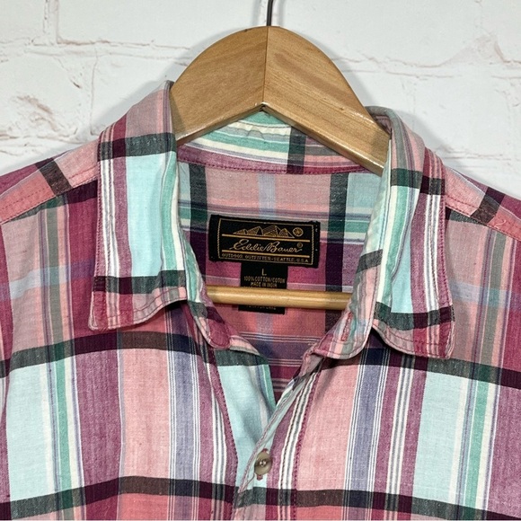 Vintage Eddie Bauer Plaid Button Up Shirt Mens Size Large Pink Colorful 90’s - Picture 3 of 10